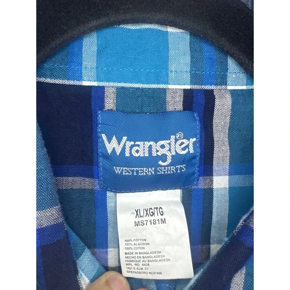Vintage 90's Wrangler Western Shirt Blue Plaid‎ Pearl Snap Button Down XL